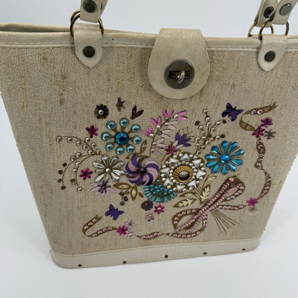 Vintage 60s Jewel Tone Wood Tote Handbag Collins Style Purse Floral Bucket - Picture 4 of 13